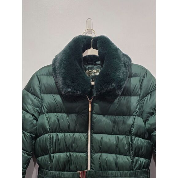 Michael Kors Green Longline Belted Puffer Coat Removable Faux Fur Collar Size M - Picture 4 of 16